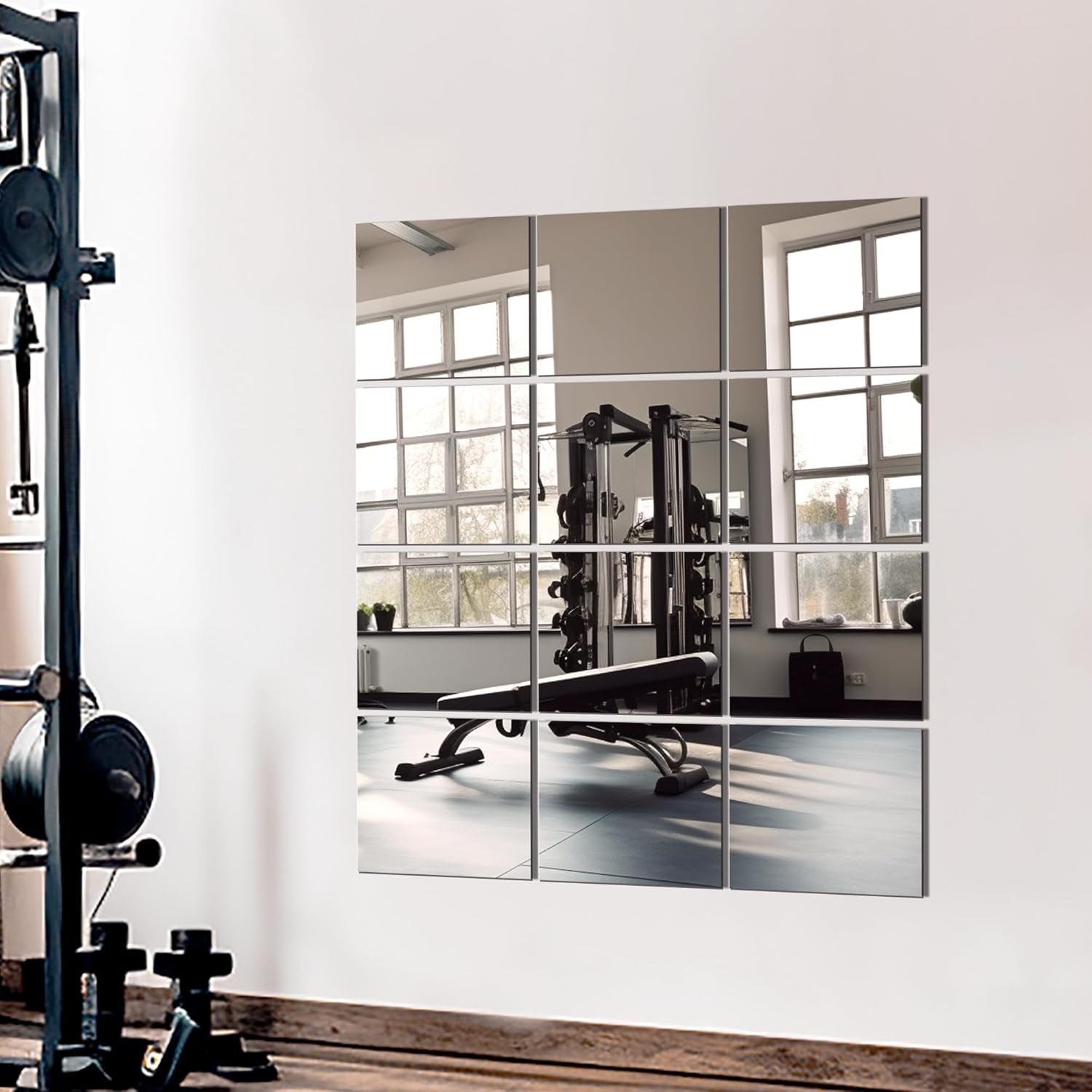 Gym interior with large wall mirror reflecting exercise equipment