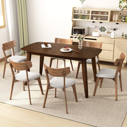 7-Piece Mid-Century Dining Set with Walnut Finished Frame, Upholstered Dining Chairs,Light Beige Chairs and Walnut Wood Table-1