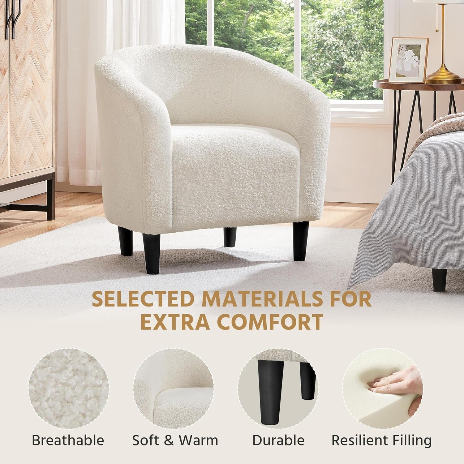 White armchair in a room with text about selected materials for extra comfort.