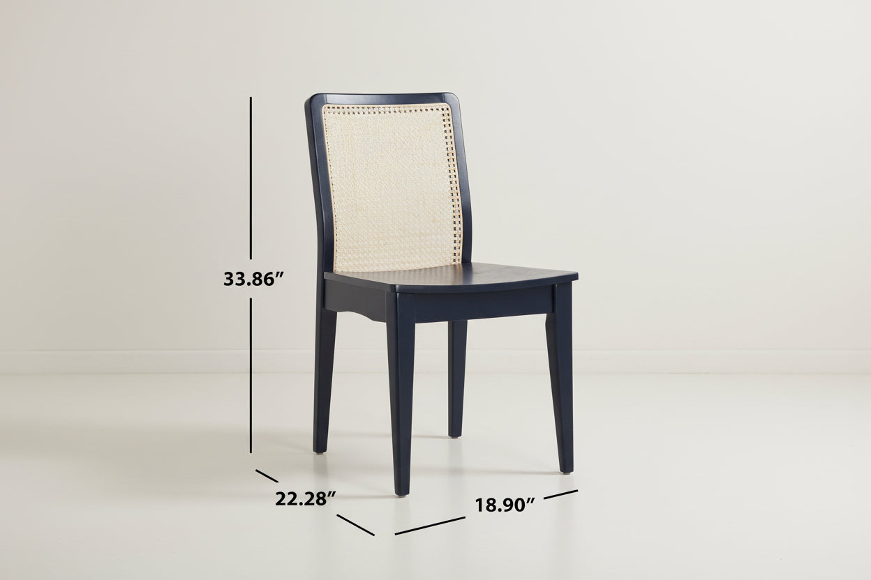 Chair with wicker back and seat, shown with dimensions on a white background