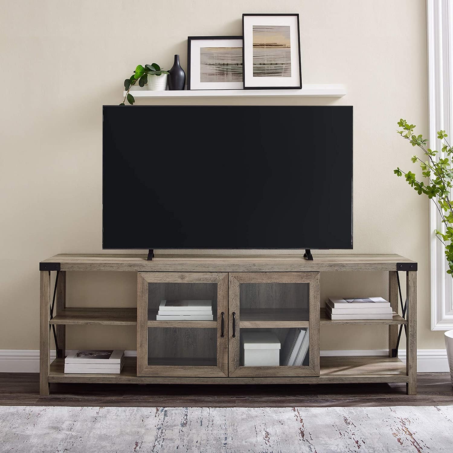 Rustic Modern 70 Inch TV Console With Open Shelves