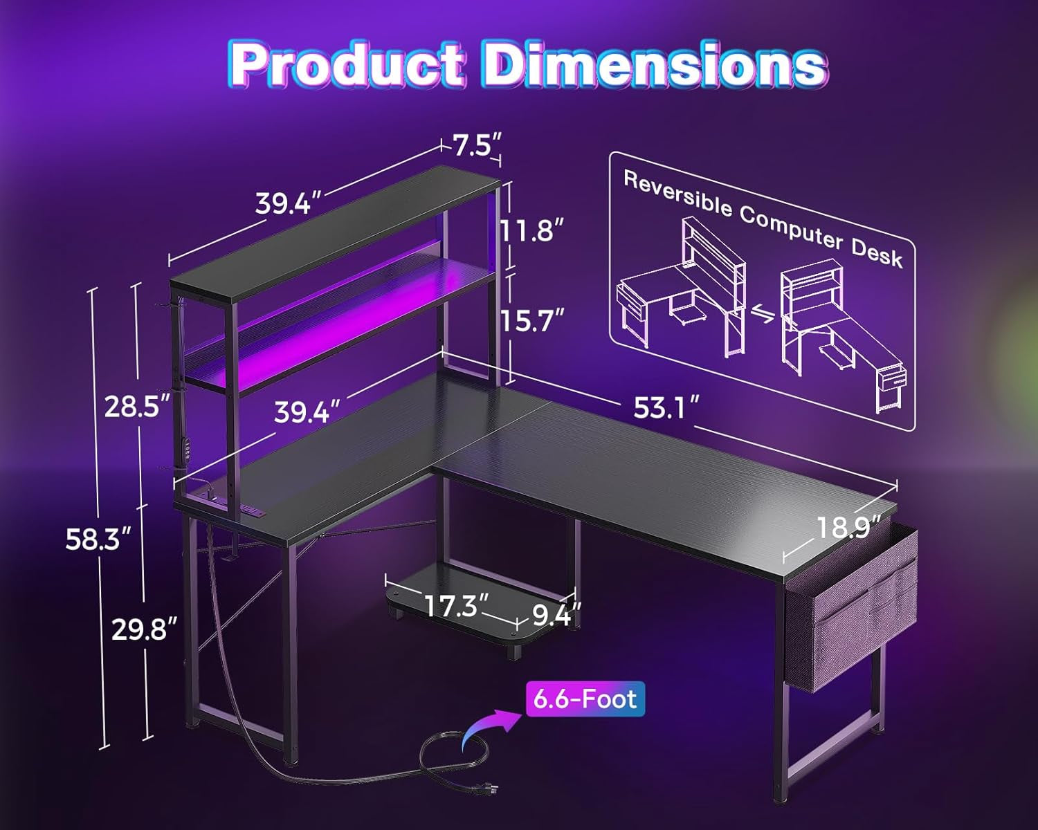 L Shaped Desk Gaming Desk with LED Light & Power Outlet-2