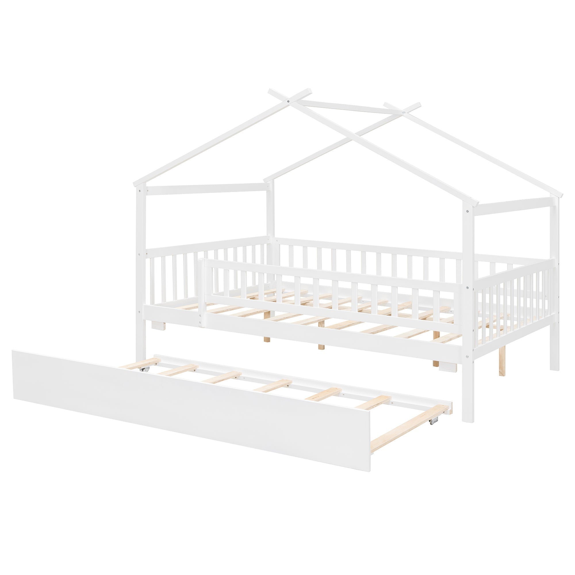 Full Size Wooden House Bed with Twin Size Trundle