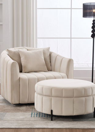 Oversized 40.35 in. Velvet Swivel Barrel Accent Chair and Ottoman Set with Storage, Beige-1