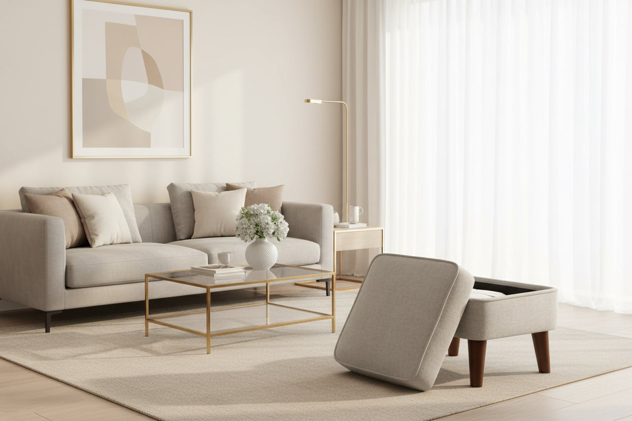 Gray ottoman with storage compartment in a room setting