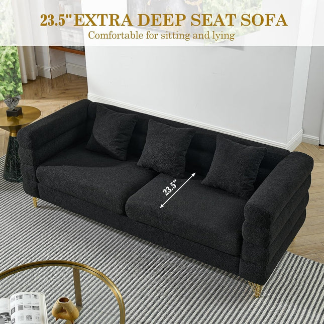 Sofa, 2 Pieces Sofa Set,Oversize 2/3 Seater Extra Deep Seat Sofa,Modern Upholstered Futon Sofa Couch, Comfy Teddy Bouclé Cloud Sofa,Furniture for Living Room,Bedroom,Office,Apartment(Black)-2