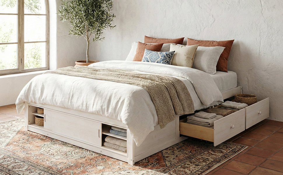 Platform Bed Frame with 4 Storage Drawers and Footboard Storage Cubby,
