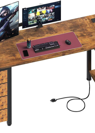 L Shaped Computer Desk with Drawers & Storage Shelves, 55 Inch Corner Desk with Power Outlet for Home Office Bedroom, L-Shaped Teen PC Gaming Desks with Fabric Drawer, Rustic Brown-0