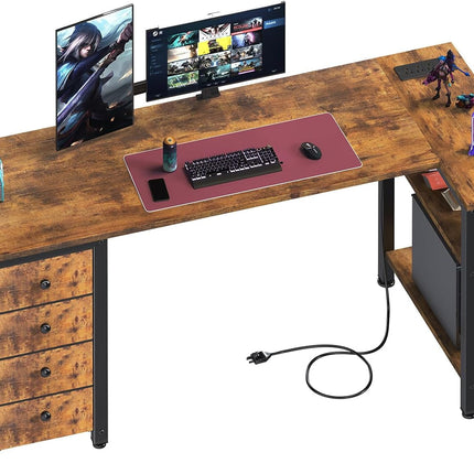 L Shaped Computer Desk with Drawers & Storage Shelves, 55 Inch Corner Desk with Power Outlet for Home Office Bedroom, L-Shaped Teen PC Gaming Desks with Fabric Drawer, Rustic Brown-0
