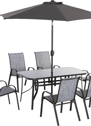 Eight Piece Patio Furniture Set with Umbrella and Chairs-0