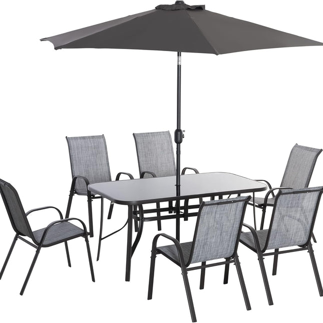 Eight Piece Patio Furniture Set with Umbrella and Chairs-0