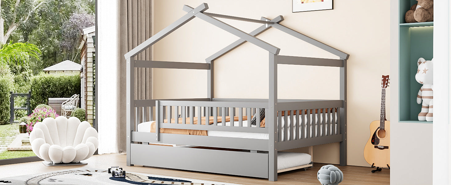 Full Size Wooden House Bed with Twin Size Trundle
