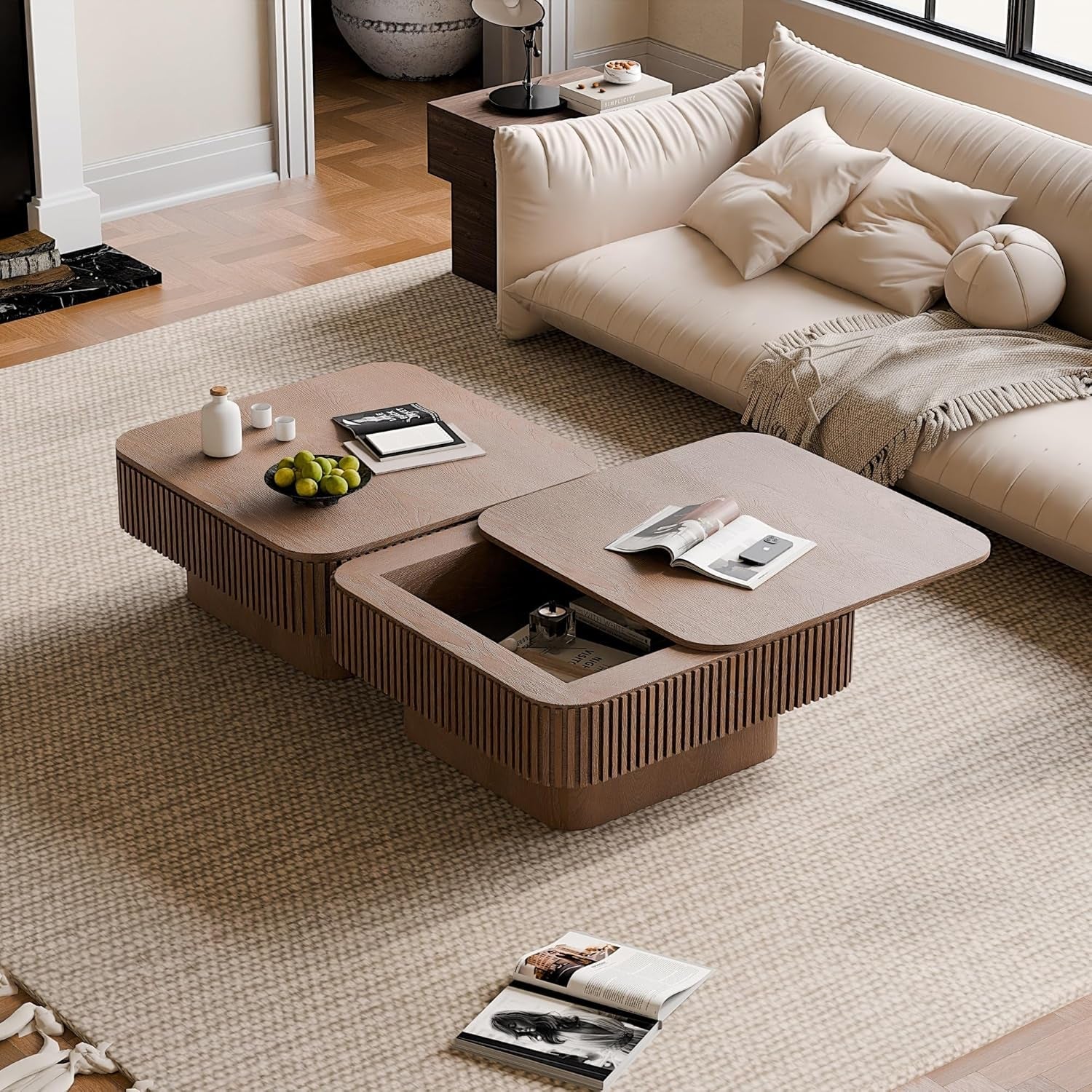 Modern coffee table with storage compartments in a living room setting