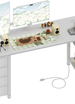 White L Shaped Desk with Drawers & Storage Shelves, 55 Inch Corner Computer Desk with Power Outlet for Home Office Bedroom, L-Shaped Teen PC Desks with Fabric Drawer, White-0