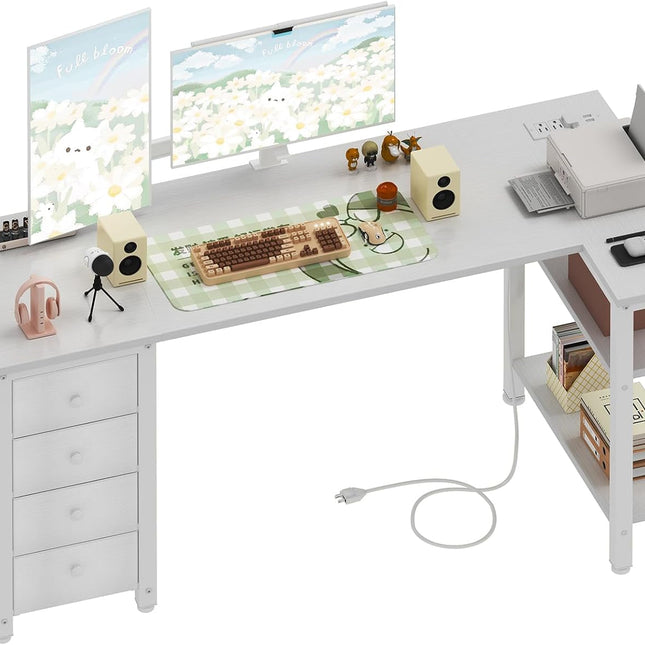 White L Shaped Desk with Drawers & Storage Shelves, 55 Inch Corner Computer Desk with Power Outlet for Home Office Bedroom, L-Shaped Teen PC Desks with Fabric Drawer, White-0