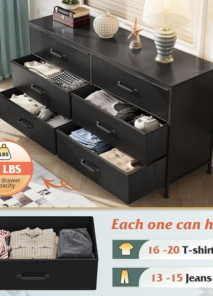 Wide Fabric Dresser, 6 Drawer Dresser TV Stand for 60" TV, Dressers Bedroom Furniture Large Storage Tower Unit with Fabric Bins, Black Dresser for Bedroom, Closet, Hallway, Black-4