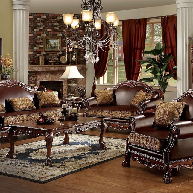 3-PS Living Room Set, Traditional Collection Including Sofa W/3 Pillows, Loveseat W/2 Pillows and Chair W/1 Pillow, Cherry Oak, Vintage/Victorian-0