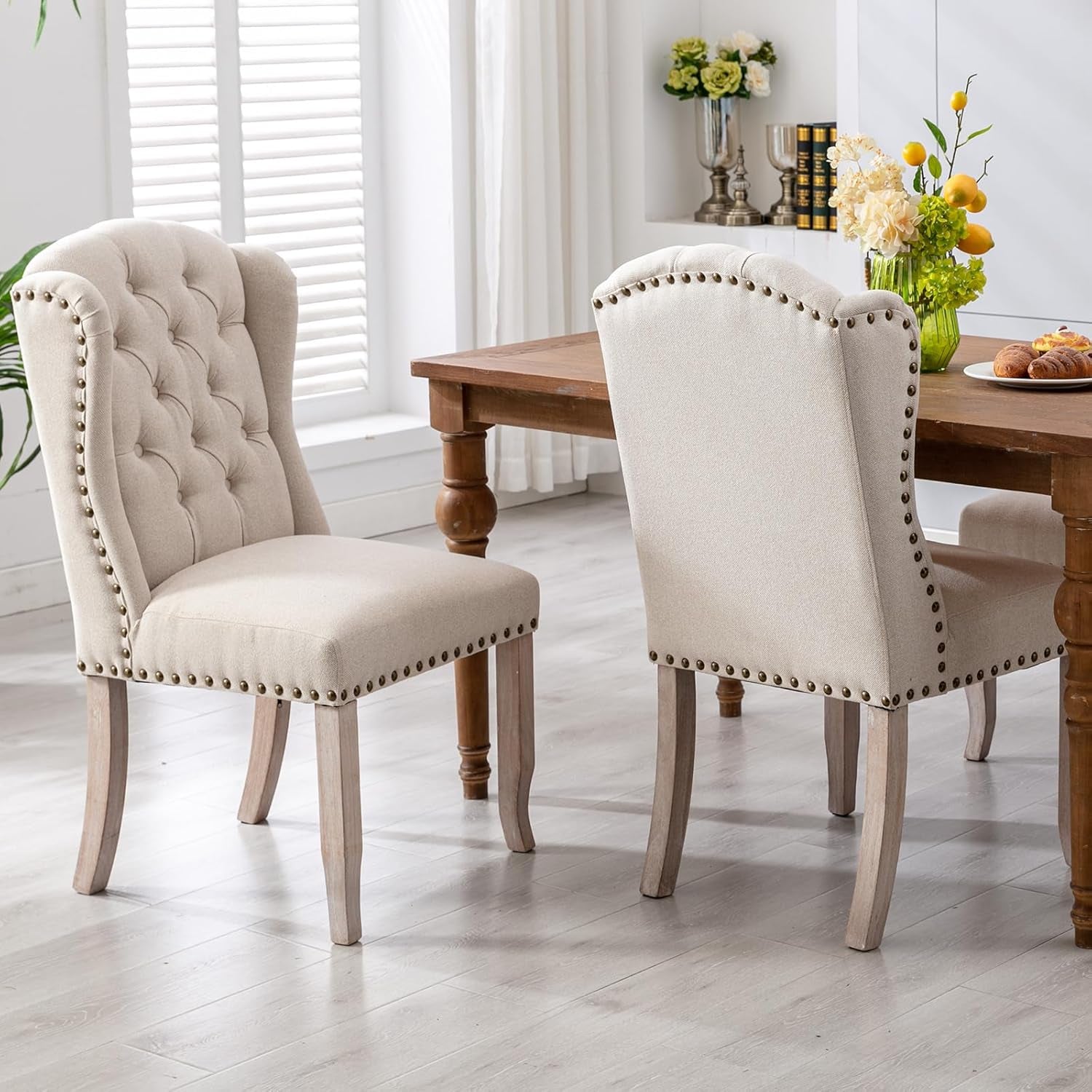 Hardy Haus Beige Linen Tufted Wingback Upholstered Dining Chairs