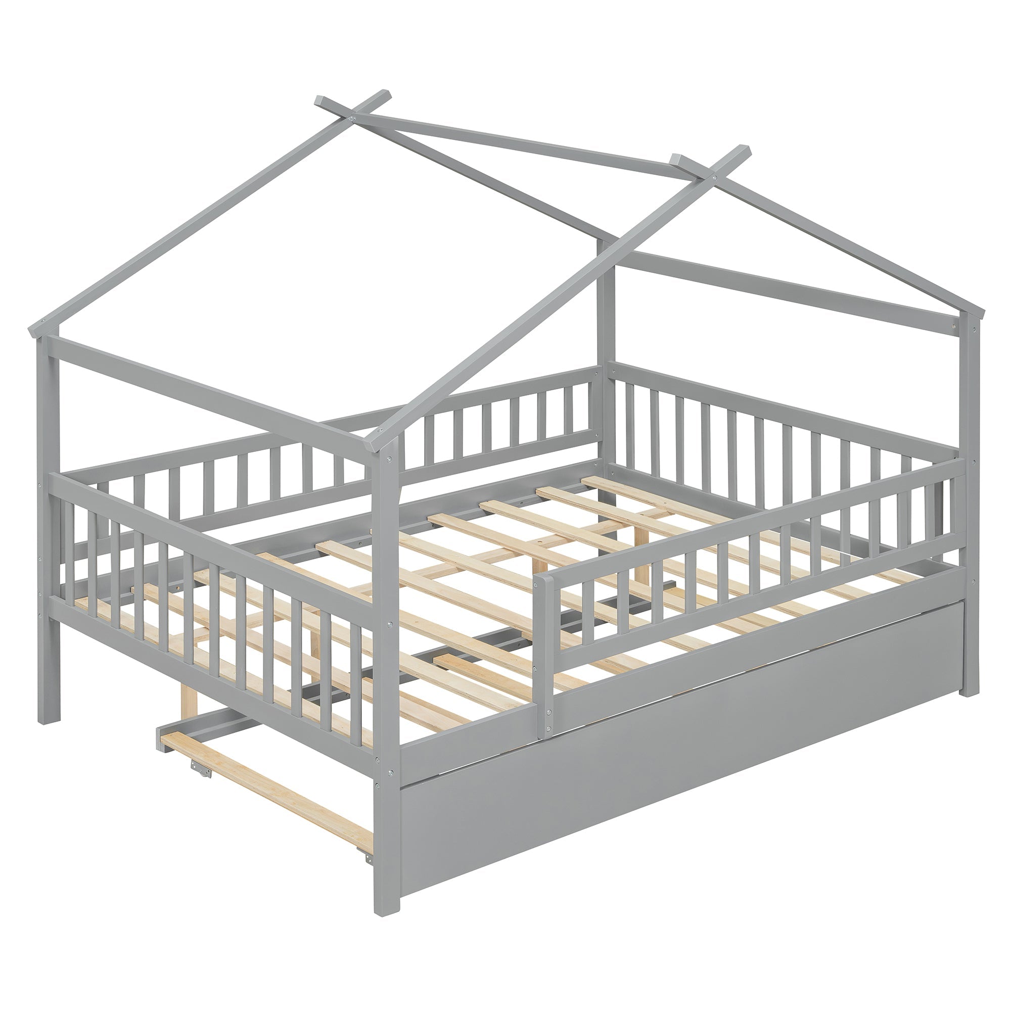 Full Size Wooden House Bed with Twin Size Trundle