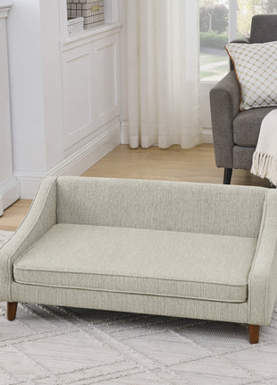 Modern Durable Elevated Dog Sofa Bed with Irregular Armrest Design, Comfortable Beige Foam Pet Sofa