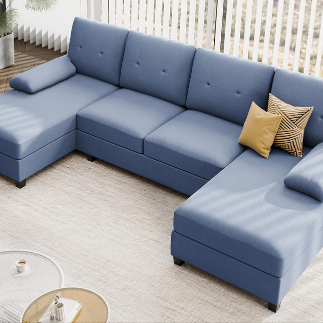 Sectional Sofa Couches for Living Room, U Shaped Sofa Living Room Furniture Sets, 4 Seat U Shaped Sofa Sectional Couch with Chaise, Blue-0