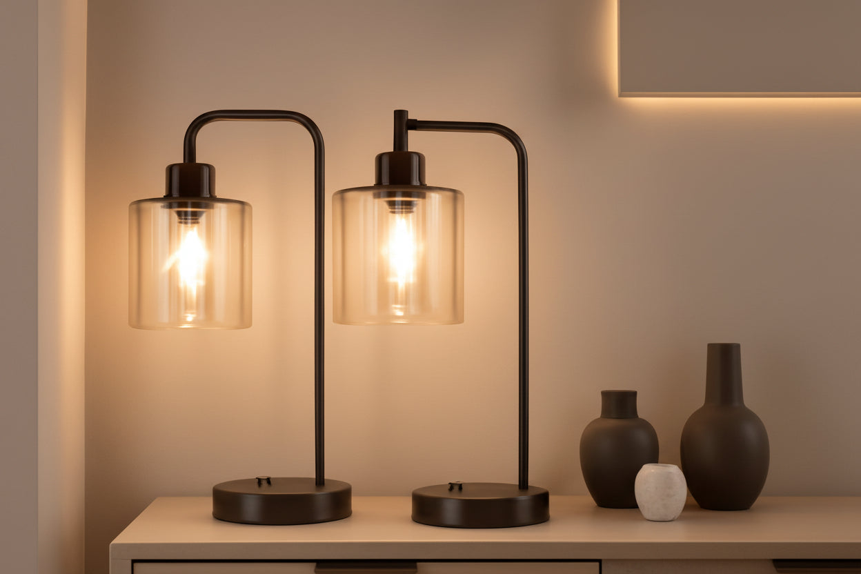 Two lit table lamps on a wooden surface with a warm glow.