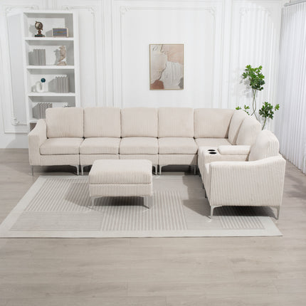 Convertible Sectional Corduroy  Sofa with Storage Ottoman,Cupholders, USB Ports for Living Room Apartment,Beige