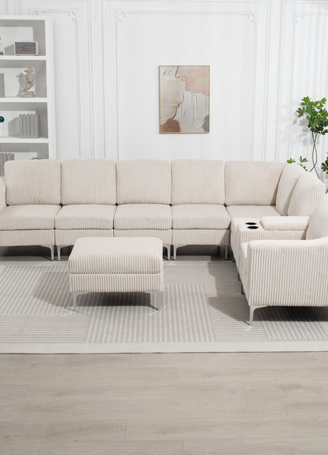 Convertible Sectional Corduroy  Sofa with Storage Ottoman,Cupholders, USB Ports for Living Room Apartment,Beige