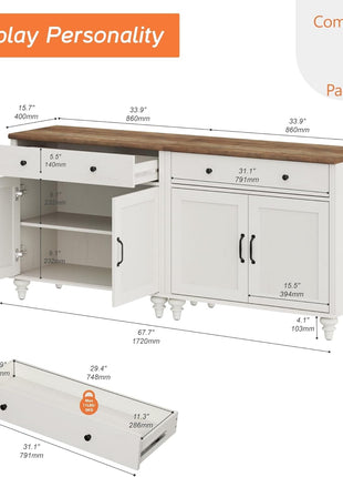 WAMAPT Buffet Cabinet with 4 Doors and 2 Drawers, Large Coffee Bar Tables Wood Kitchen Storage Cabinets with Storage Cabinets, Modern Farmhouse Sideboard Credenza for Dining Room, off White, 68 Inch-1