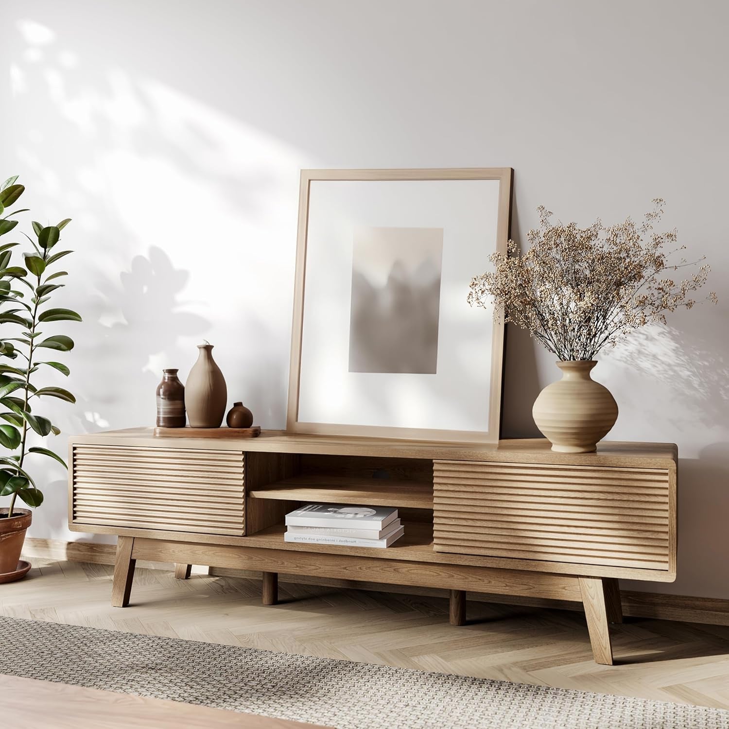 59 Inch Mid Century Modern TV Console Fluted Doors