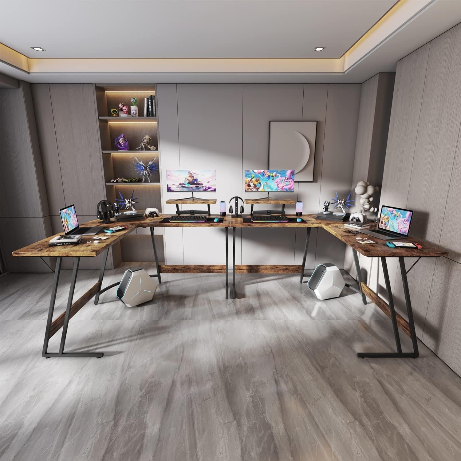 Modern home office with a large L-shaped wooden desk, multiple computer monitors, and decorative items.