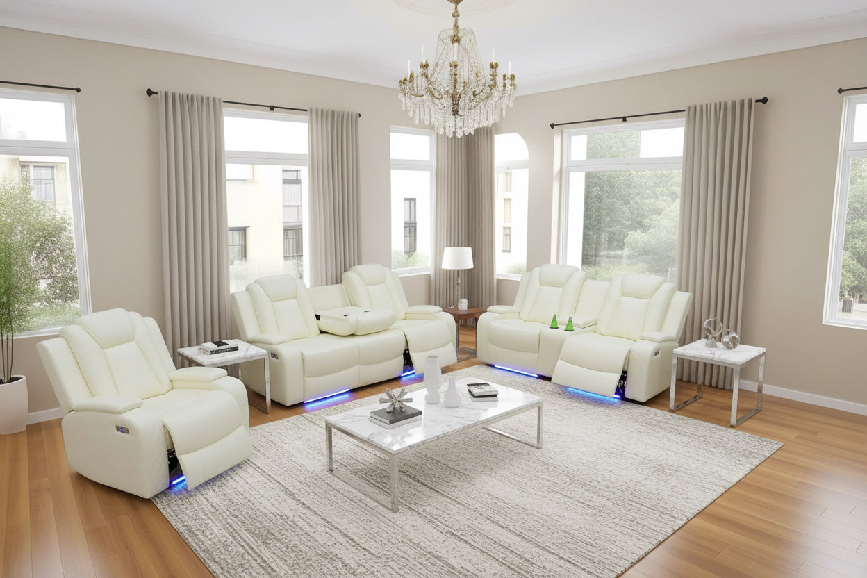 Modern living room with white recliner sofa set, coffee table, and decorative items.
