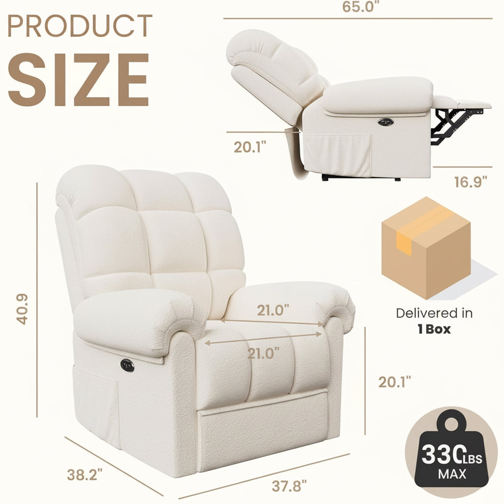 Beige recliner chair with dimensions and weight capacity displayed