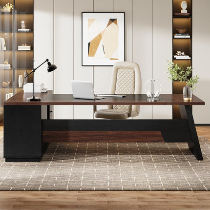 78" L-Shaped Executive Desk, Large Office Desk with Drawers and Lateral File Cabinet, Business Furniture with Storage Shelves, Modern Computer Desk for Home Office, Walnut & Black-4