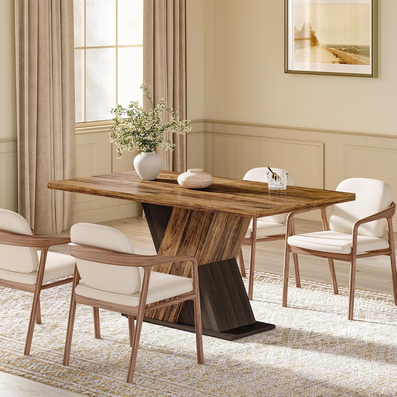 Dining room with wooden table and white chairs in a well-lit room.