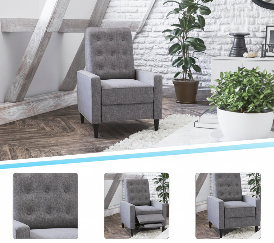 Gray reclining armchair in a living room setting with text highlighting features.