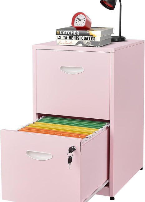 2 Drawer File Cabinet with Lock, Metal Vertical File Cabinets, 18"D Pink Storage Filing Cabinet for Home Office, Steel Light Duty Locked 2 Drawer File Cabinets for Letter Size Files, Assembly Required