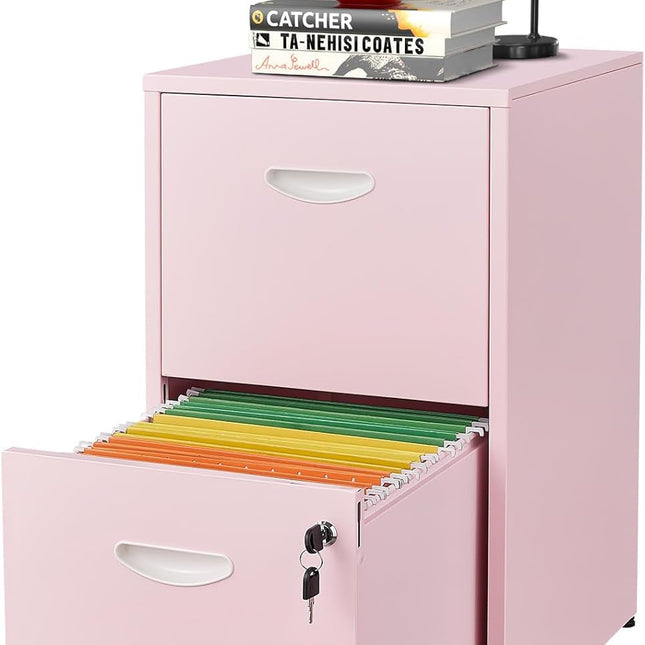 2 Drawer File Cabinet with Lock, Metal Vertical File Cabinets, 18"D Pink Storage Filing Cabinet for Home Office, Steel Light Duty Locked 2 Drawer File Cabinets for Letter Size Files, Assembly Required