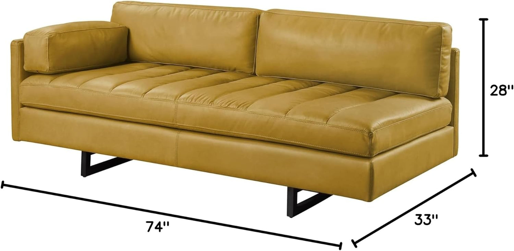 Yellow leather sofa with dimensions on a white background