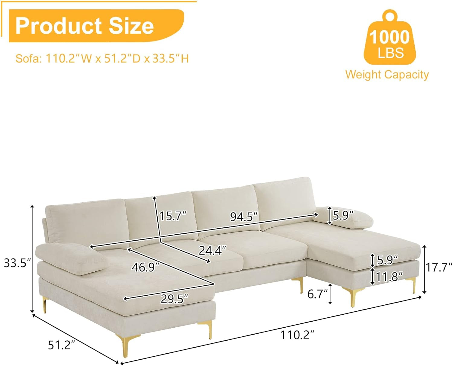 Beige sectional sofa with dimensions and weight capacity label on a white background