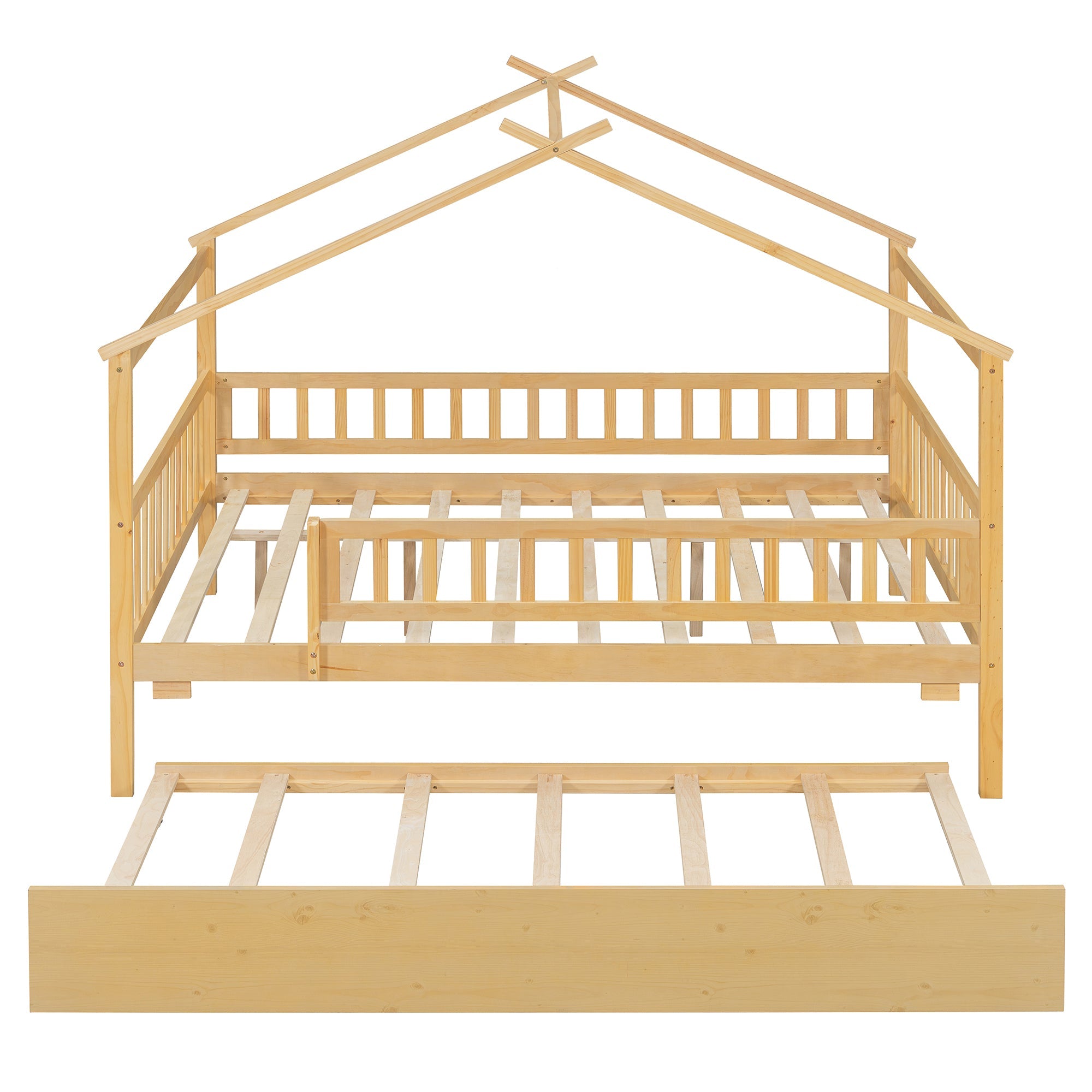 Full Size Wooden House Bed with Twin Size Trundle