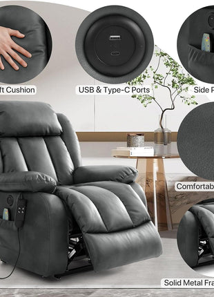 Dual Motor Large Power Lift Recliner Chair Recliners for Elderly, Infinite Position Recliner Chair with Heat and Massage, Breathable Leather(Gray)-4