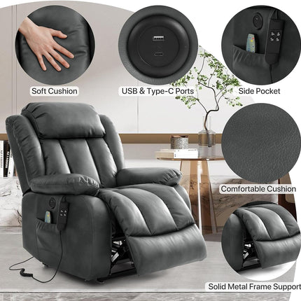Dual Motor Large Power Lift Recliner Chair Recliners for Elderly, Infinite Position Recliner Chair with Heat and Massage, Breathable Leather(Gray)-4