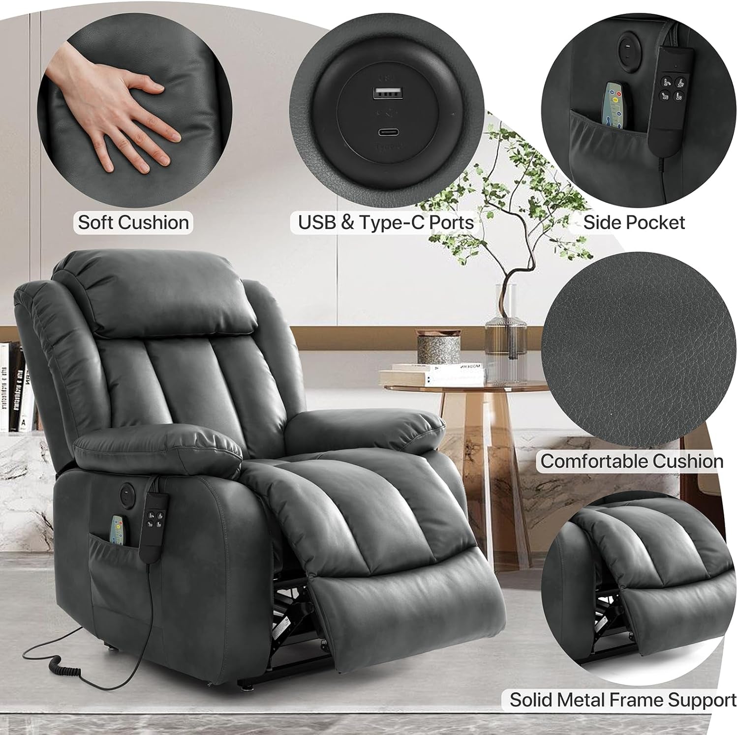 Dual Motor Large Power Lift Recliner Chair Recliners for Elderly, Infinite Position Recliner Chair with Heat and Massage, Breathable Leather(Gray)-4