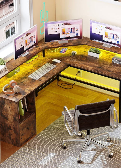 L Shaped Desk with Power Outlets & LED Lights, 67" Computer Desk with File Drawer, Corner Desk Home Office Desk with Monitor Stand & 3 Cubbies Storage Shelves, Rustic Brown-1