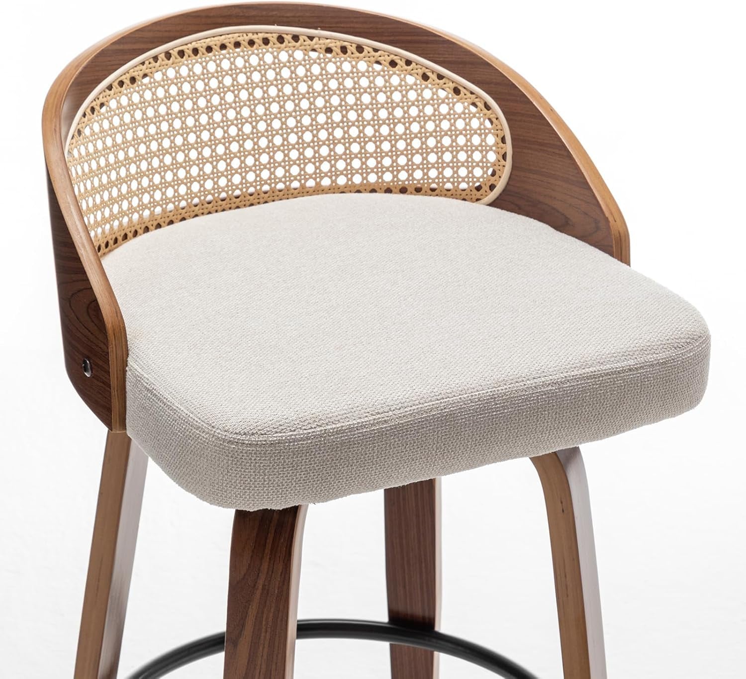 Chair with wooden frame, wicker backrest, and white cushion on a white background