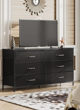 Wide Fabric Dresser, 6 Drawer Dresser TV Stand for 60" TV, Dressers Bedroom Furniture Large Storage Tower Unit with Fabric Bins, Black Dresser for Bedroom, Closet, Hallway, Black-1