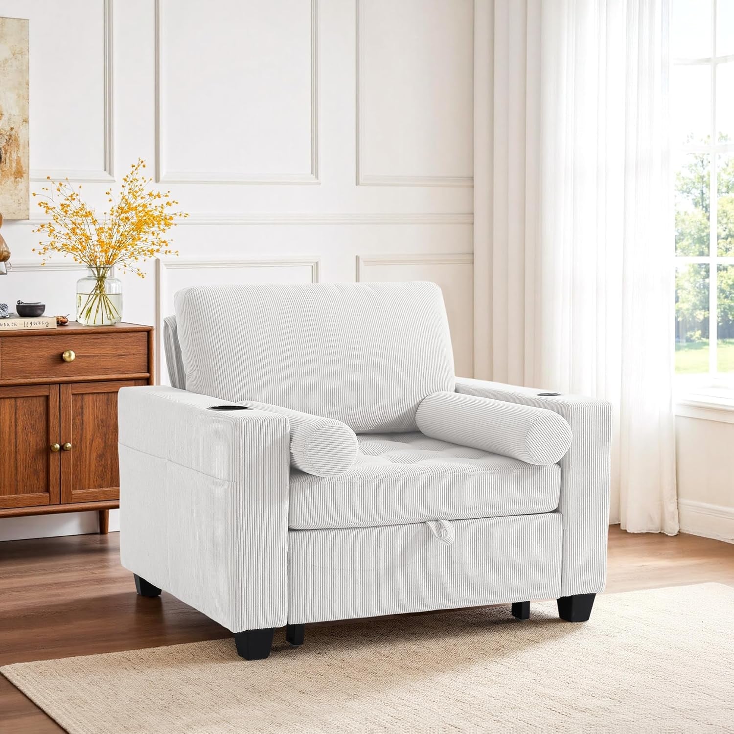 Beige Adjustable Sleeper Chair Sofa Bed Upholstered-3