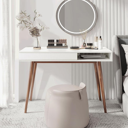 White Writing Desk with Drawers Mid Century Modern Desk, Wood Office Desk Computer Desk Vanity Desk for Small Space, White Desk with Walnut Legs-2