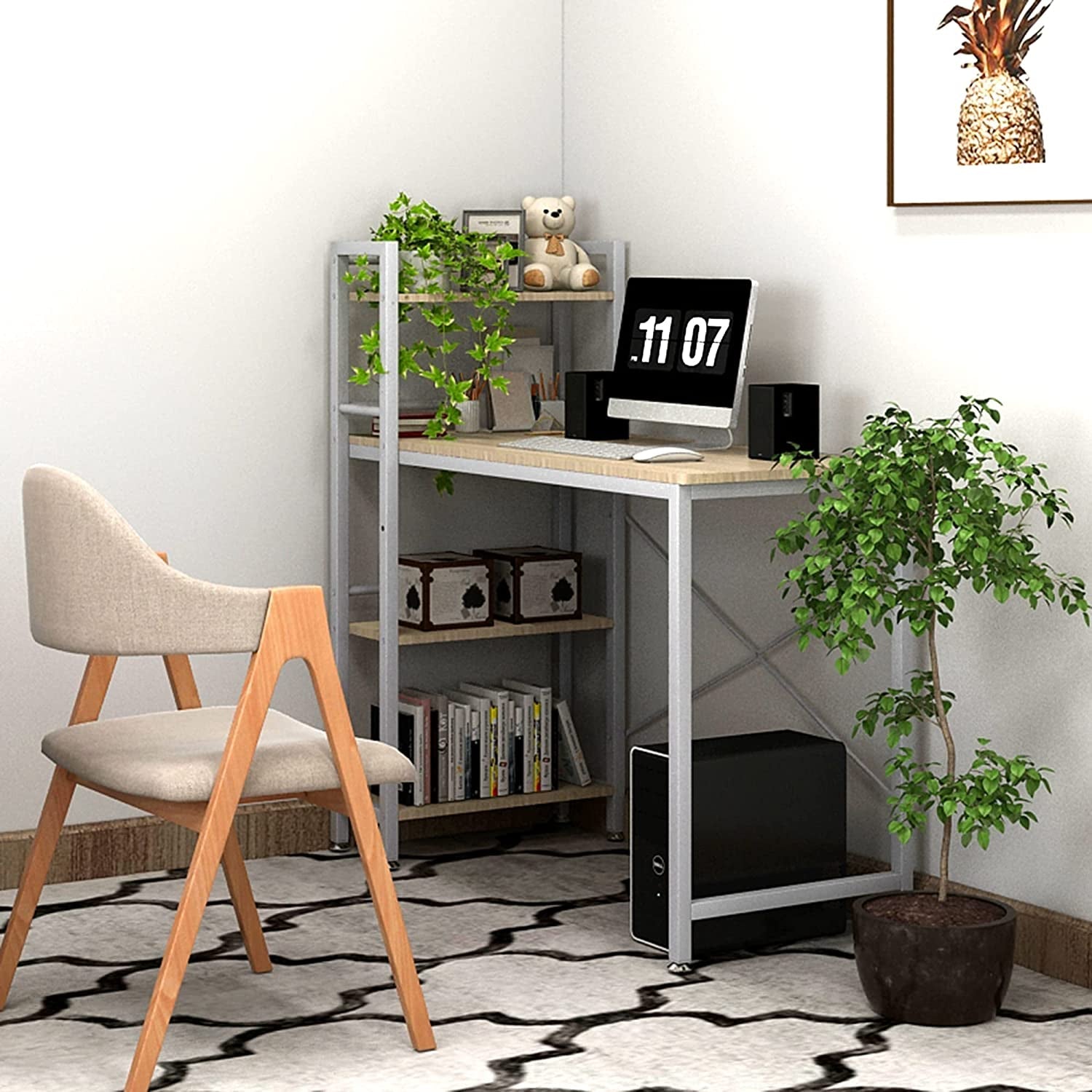 Modern home office with a desk, chair, and decorative elements.